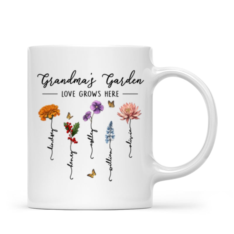 Grandma‘s Garden Love Grows Here Beautiful Birth Month Flower Gift For Grandma Mom Personalized Mug