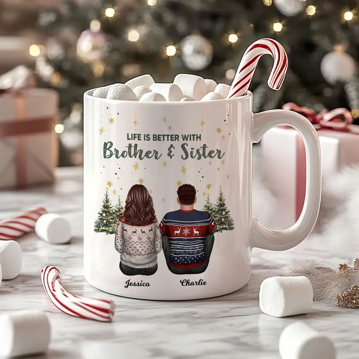 Brother Sisters Christmas Tree Personalized Mug, Christmas Gift for Siblings