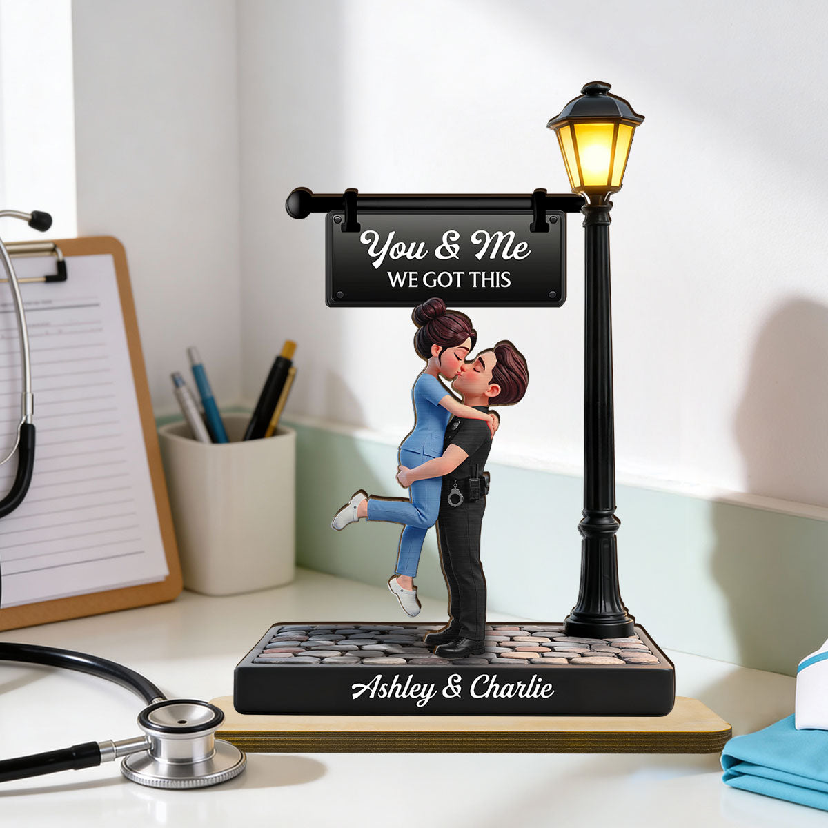 Proud Hero Couple Under Lamp Post - Personalized 2-Layered Wooden Plaque - Valentine's Day Gift For Couple, For Him, For Her, Nurse, Police, Firefighter, Army