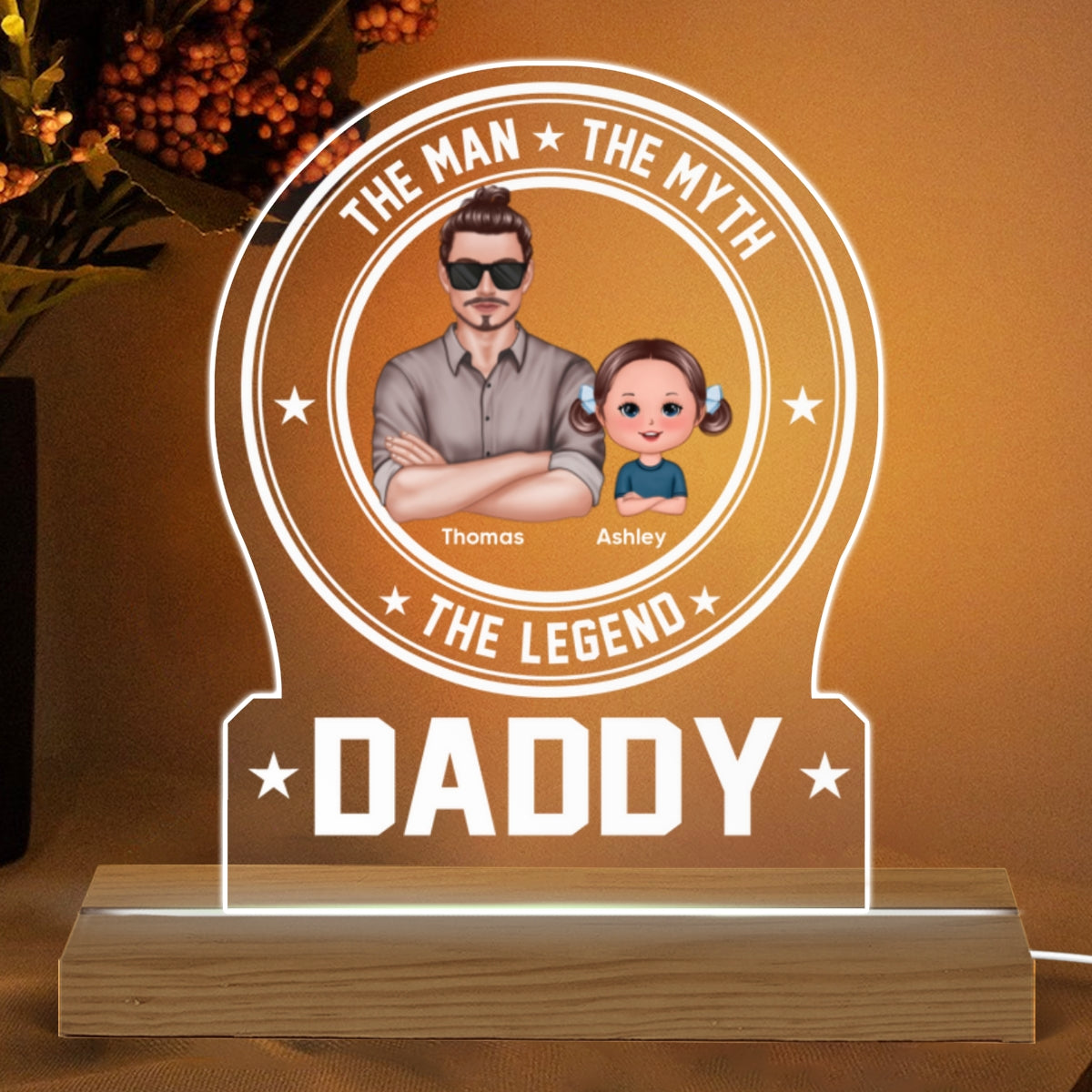 The Man The Myth The Legend Daddy Grandpa Personalized Custom Shaped Acrylic Plaque With LED Night Light