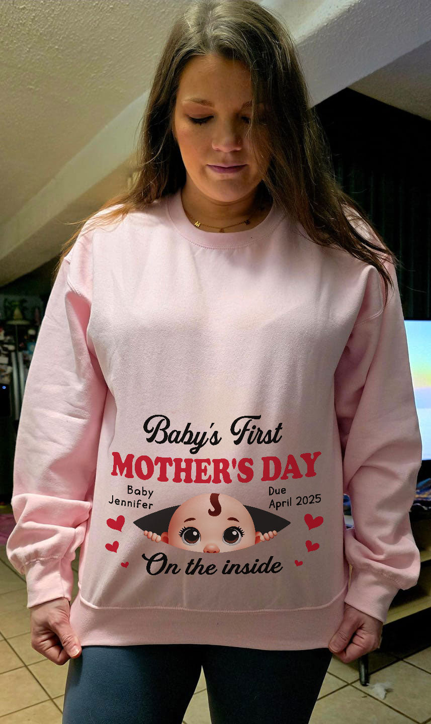 Baby First Mother's Day On The Inside Personalized Shirt, Custom Pregnancy Reveal Shirt, Gift For Expecting Moms