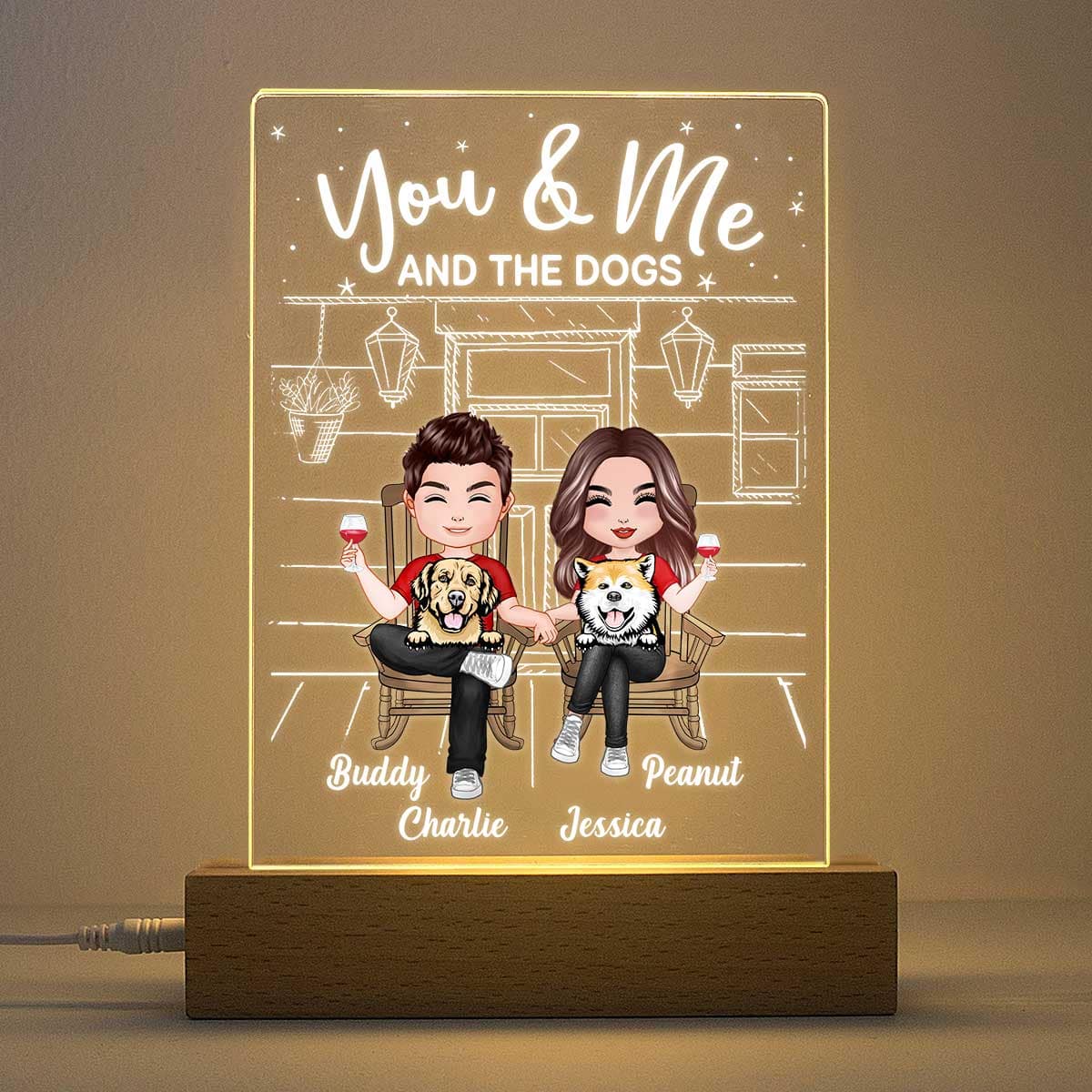 Couple And The Dogs Front Porch Personalized Plaque LED Night Light, Acrylic LED Lamp