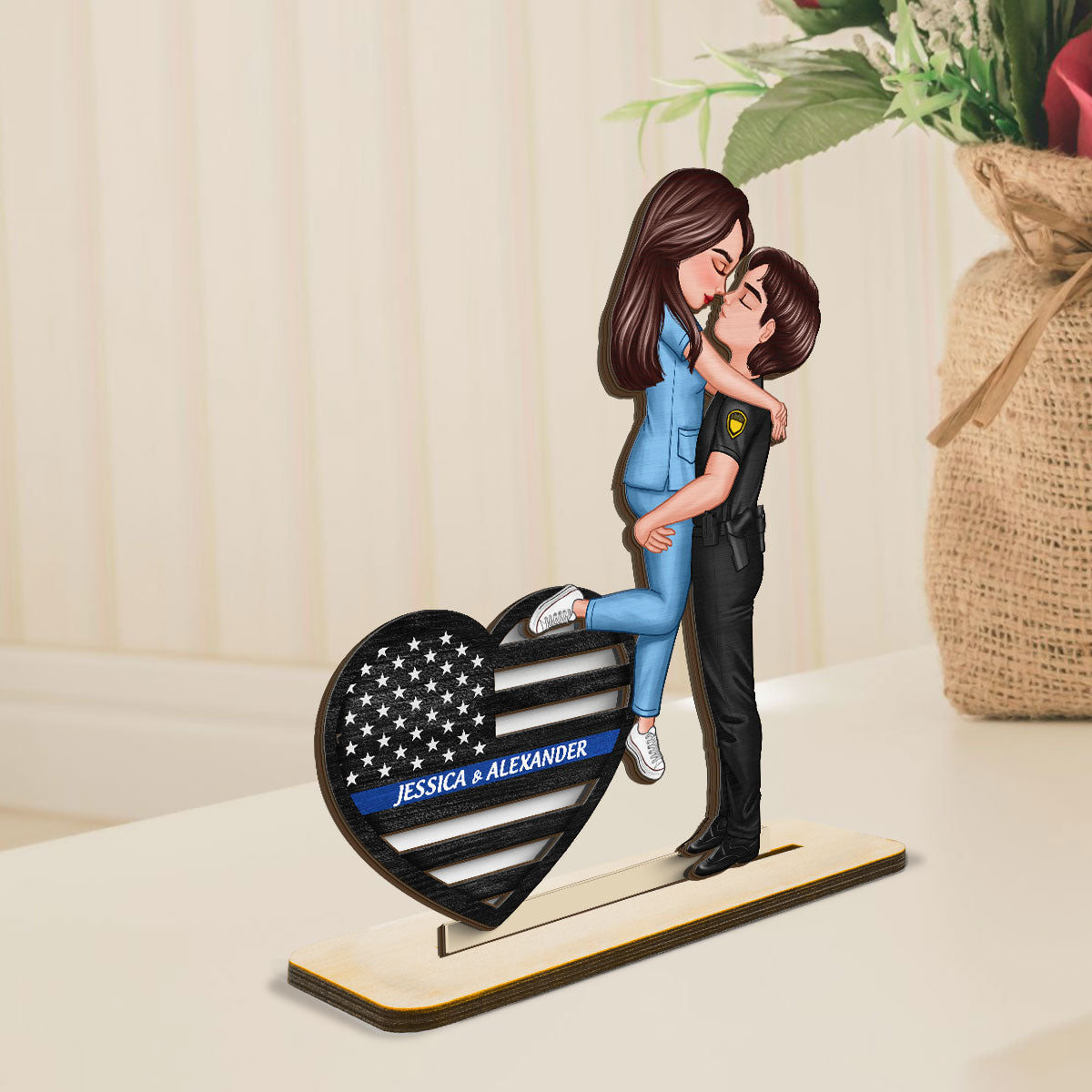 Hero Couple Hugging Kissing Keepsake  Gift by Occupation Personalized 2-Layer Standing Wooden Plaque