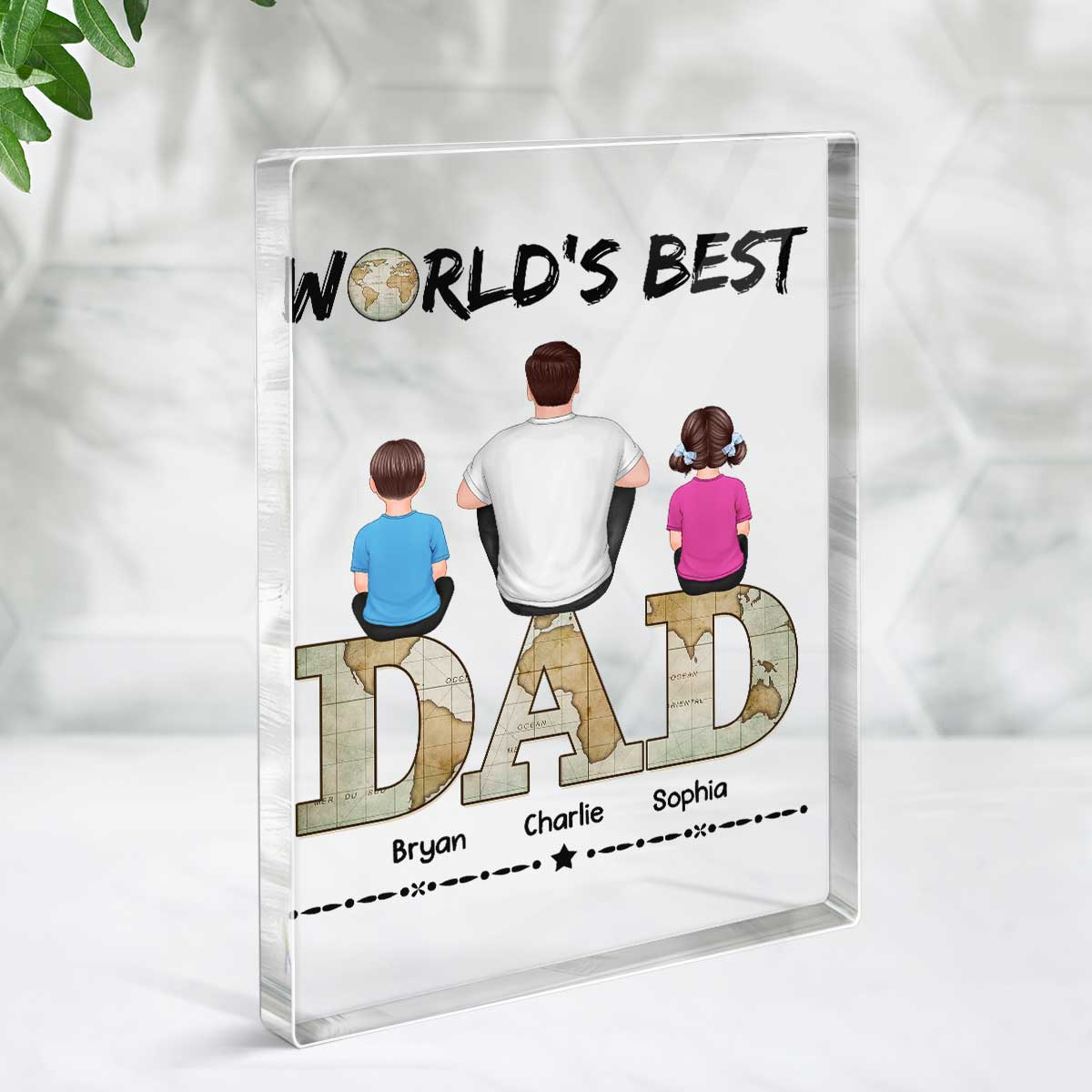 Dad And Kids Back View Sitting On World Map Text Personalized Rectangle Acrylic Block Plaque