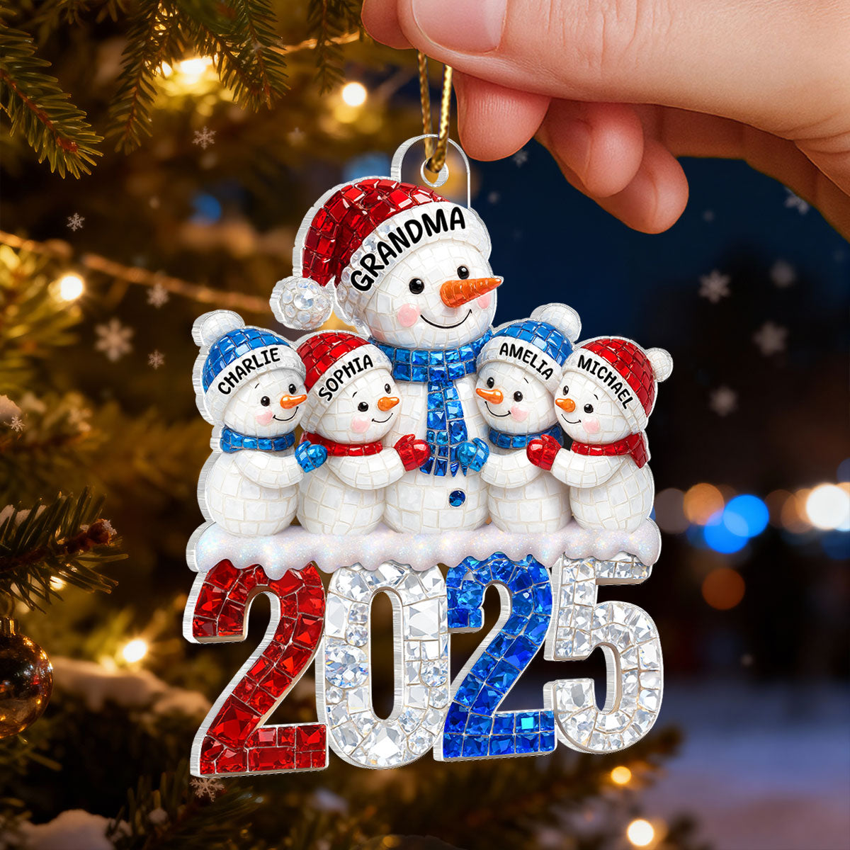 3D Rhinestone Effect Snowman Grandma Grandkids - Personalized Acrylic Ornament - Christmas Gift for Grandmas