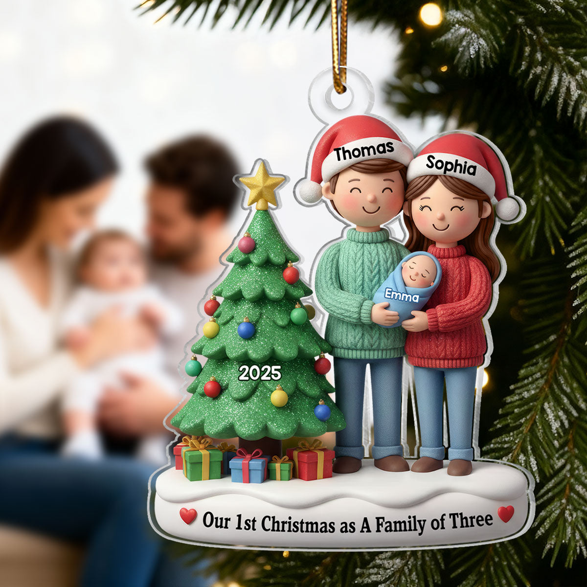 3D Effect First Christmas As Family Of Three Mom Dad & Baby By Tree - Personalized Acrylic Ornament