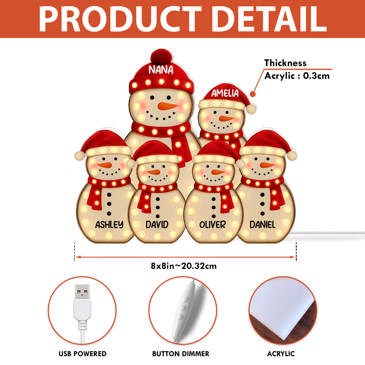 Snowman Grandma Grandkids Marquee Effect Personalized LED Light Box, Christmas Gift