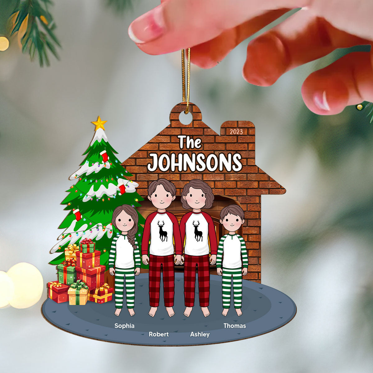 Simple Cartoon Whole Family Dad Mom Kid Dog Cat By Christmas Tree In House Personalized Wooden Ornament