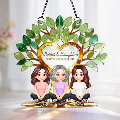 Mom And Son Daughter Under Green Family Tree Of Life - Personalized Suncatcher Ornament - Gift For Mom