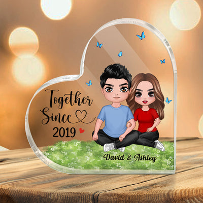 Embracing Couple Sitting On Grass Personalized Heart-Shaped Acrylic Plaque