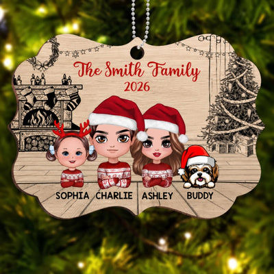 Christmas Sketch Background Family Dad Mom Kids Dogs Cats Personalized Wooden Ornament