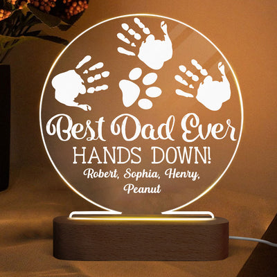 Best Dad Ever Hands Down Kids Dogs Cats Fingerprints Personalized Circle LED Night Light
