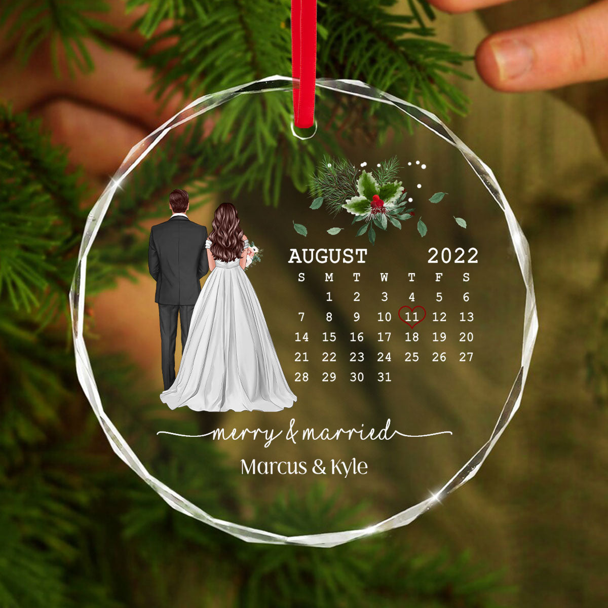 Merry And Married First Christmas Couple Calendar Personalized Christmas Glass Ornament, Anniversary Gift, Newlywed Gift, Wedding Gift