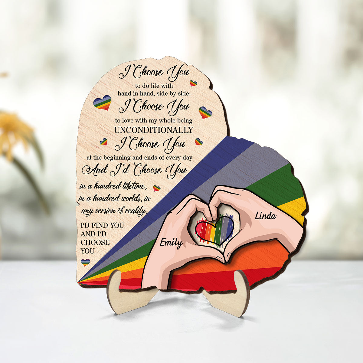 Half Heart Rainbow Flag LGBTQ Couple Personalized 2-Layered Wooden Plaque, Pride Month gift