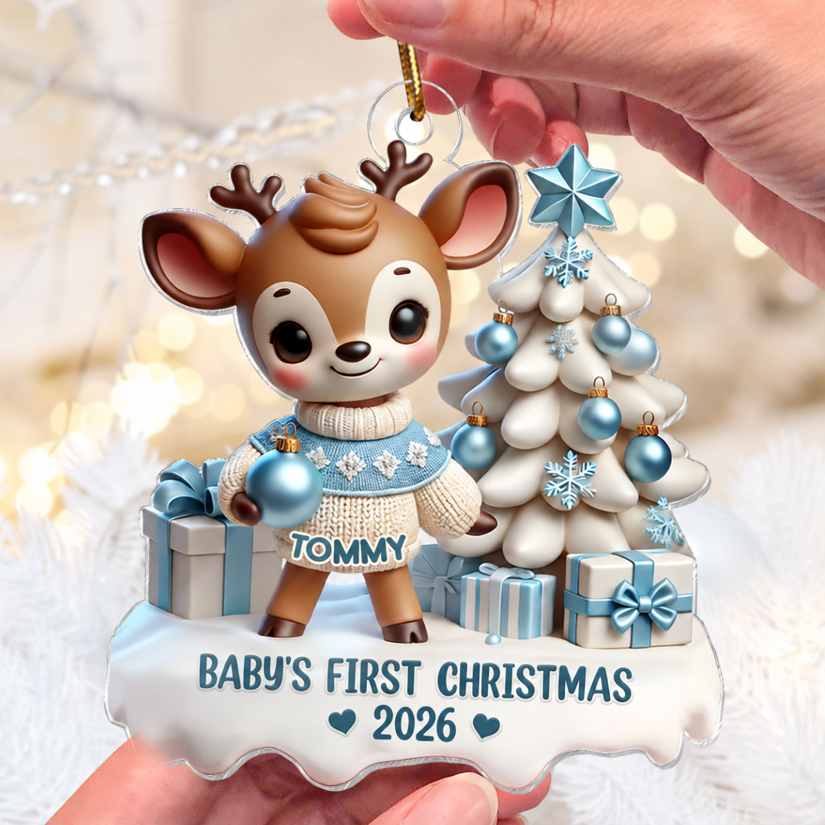 3D Effect Cute Reindeer Baby's First Christmas Personalized Acrylic Ornament, Christmas Gift For Newborns, New Parents