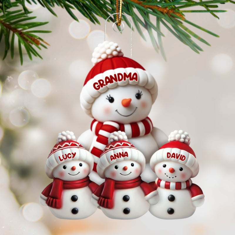 3D Effect Cute Snowman Grandma & Grandkids - Personalized Acrylic Ornament - Christmas Decor For Family, Grandma