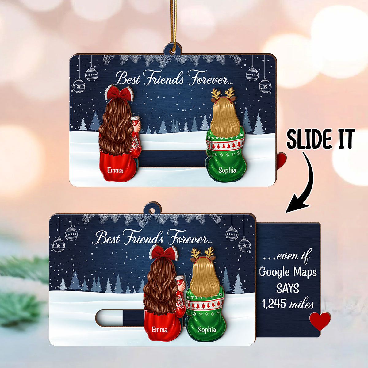 Hidden Message Besties Sisters Long Distance - Personalized Slider Ornament - Christmas Gift