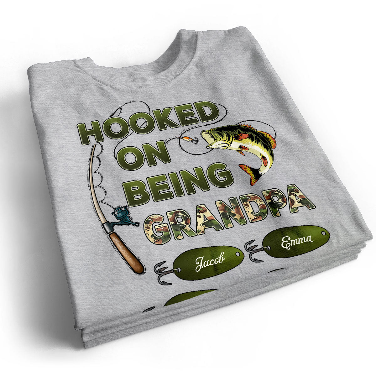 Hooked On Being Grandpa Papa Fishing Camouflage - Personalized Shirt - Gift For Proud American Dad, Grandpa