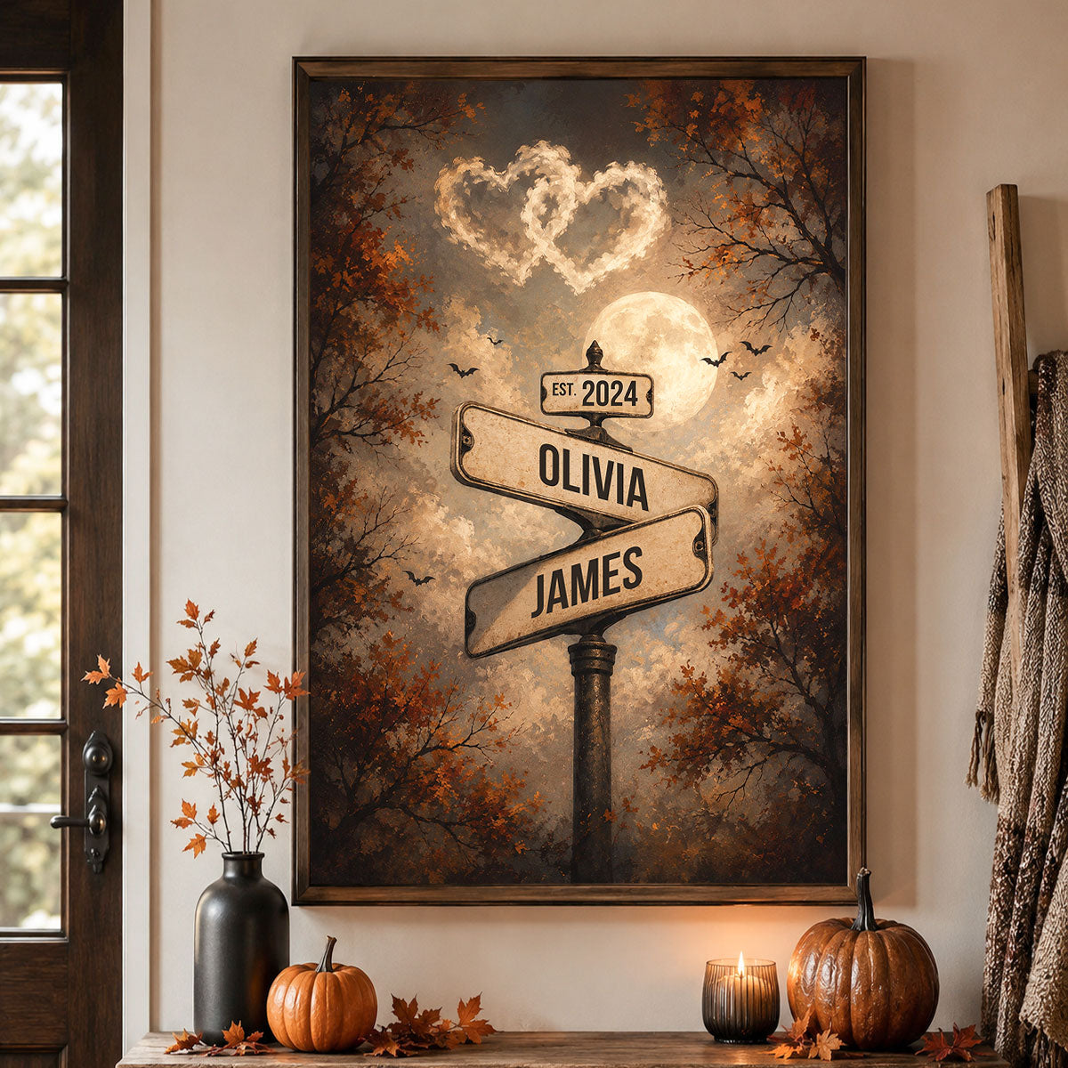 Spooky Halloween Full Moon Couple Street Sign - Personalized Poster - Custom Name And Date, Gift for Him, for Her