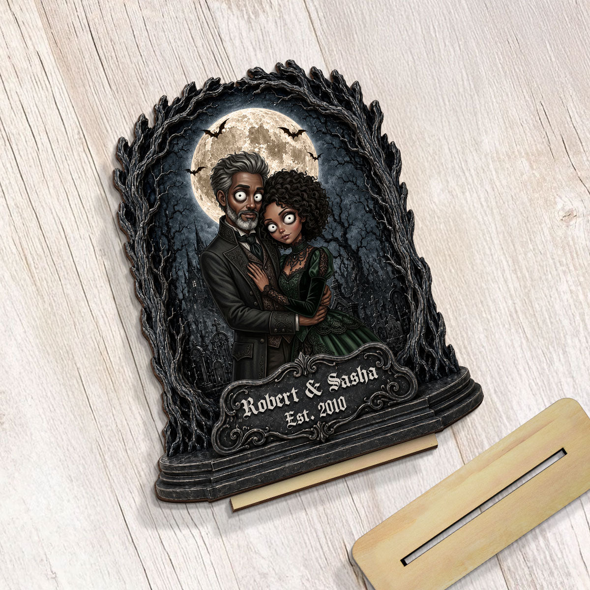Halloween Custom Photo Illustration Gothic Couple - Personalized 2-Layered Wooden Plaque - Halloween Gift For Couple