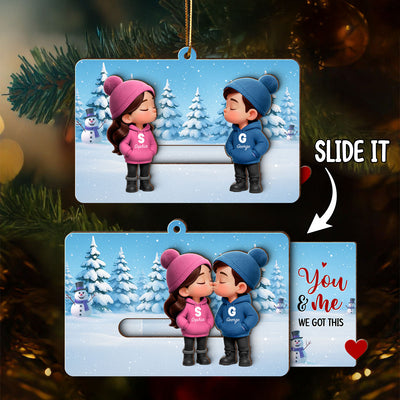 3D Effect Cartoon Couple Kissing - Personalized Slider Ornament - Christmas Gift For Him For Her