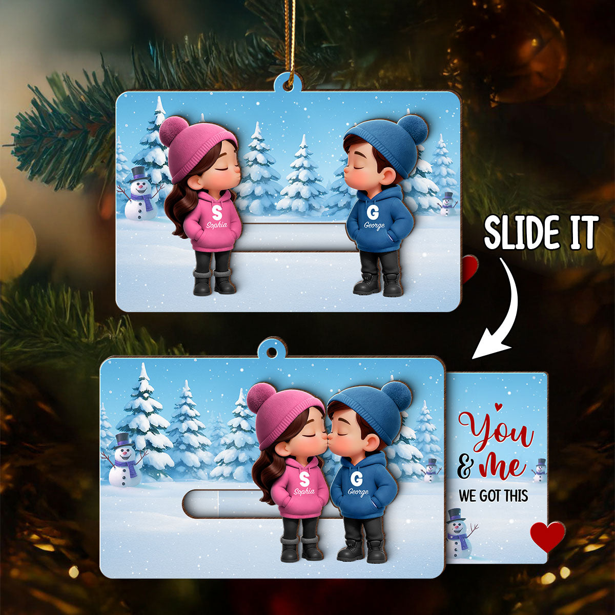 3D Effect Cartoon Couple Kissing - Personalized Slider Ornament - Christmas Gift For Him For Her