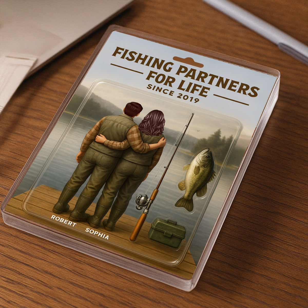 3D Effect Custom Figure Couple Fishing Partners For Life Personalized Rectangle Acrylic Block Plaque