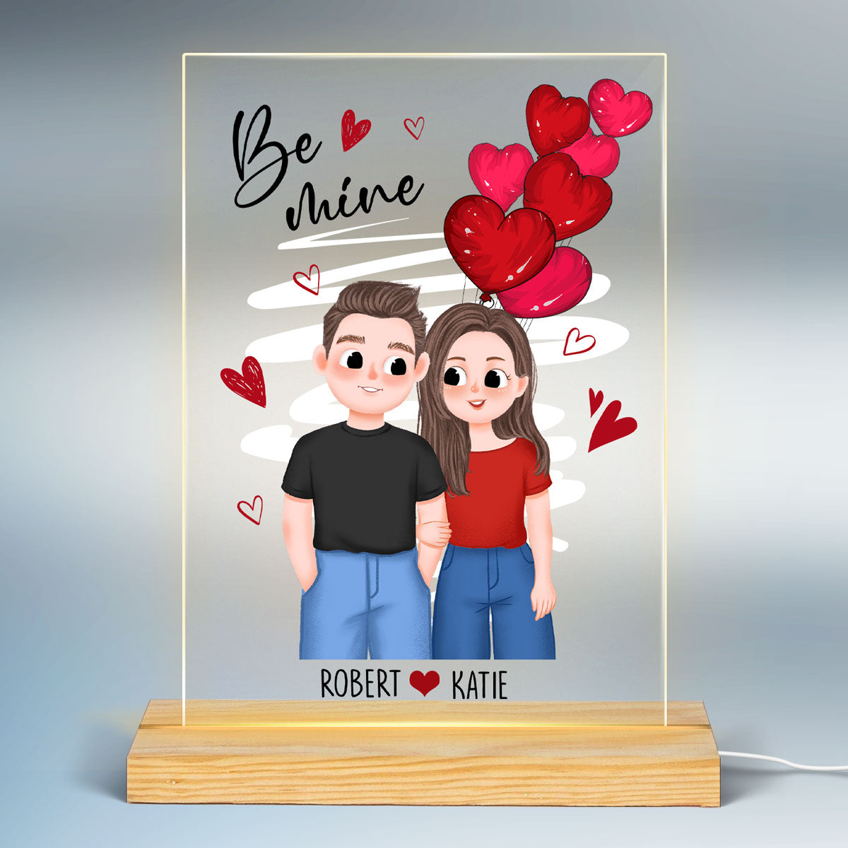 Be Mine Cute Illustration Couple Gift For Him For Her Personalized Rectangle Acrylic Plaque LED Night Light