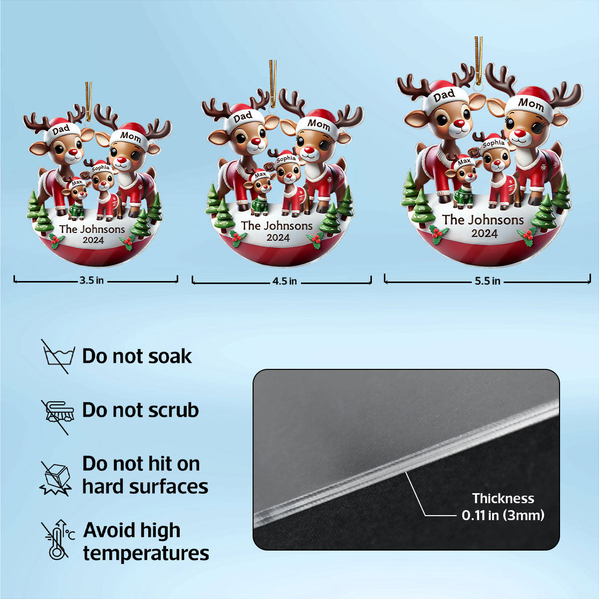 Reindeer Family 3D Effect Cute Christmas Decor Personalized Acrylic Ornament
