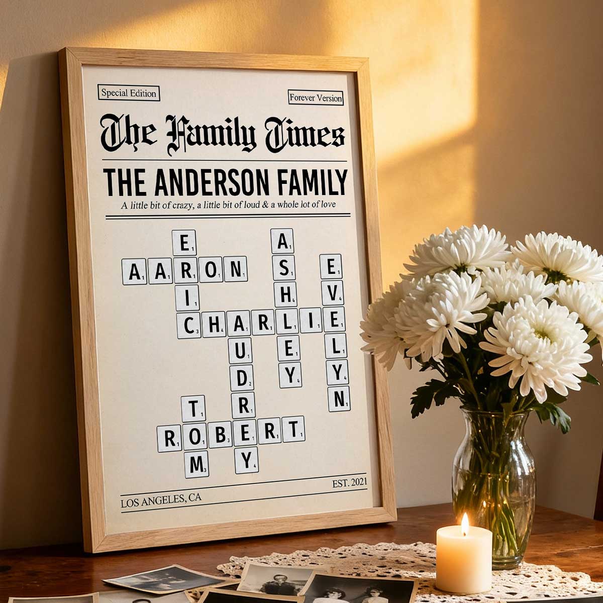 The Family Times Crossword Puzzle Newspaper Style - Personalized Poster - Home Decor Keepsake Gift For Family