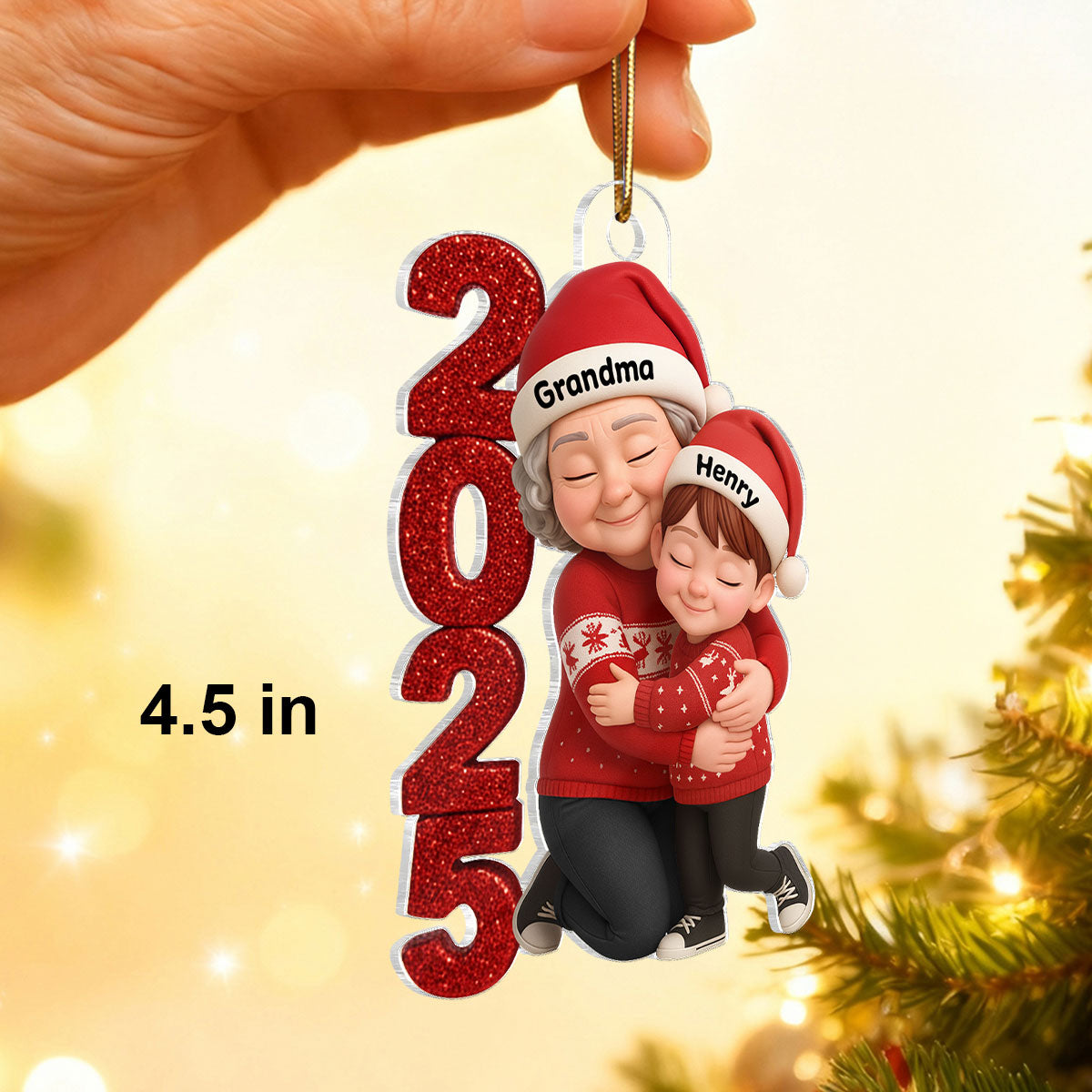 3D Crystal Effect 2025 Grandma Hugging Grandkids - Personalized Acrylic Ornament - Gift for Grandma, Grandkids