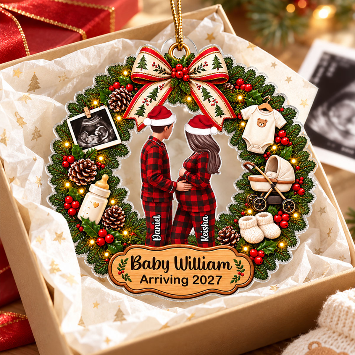 Expecting Baby Christmas Wreath - Personalized Acrylic Ornament - Pregnancy Announcement, Christmas Gift For Wife, Daughter