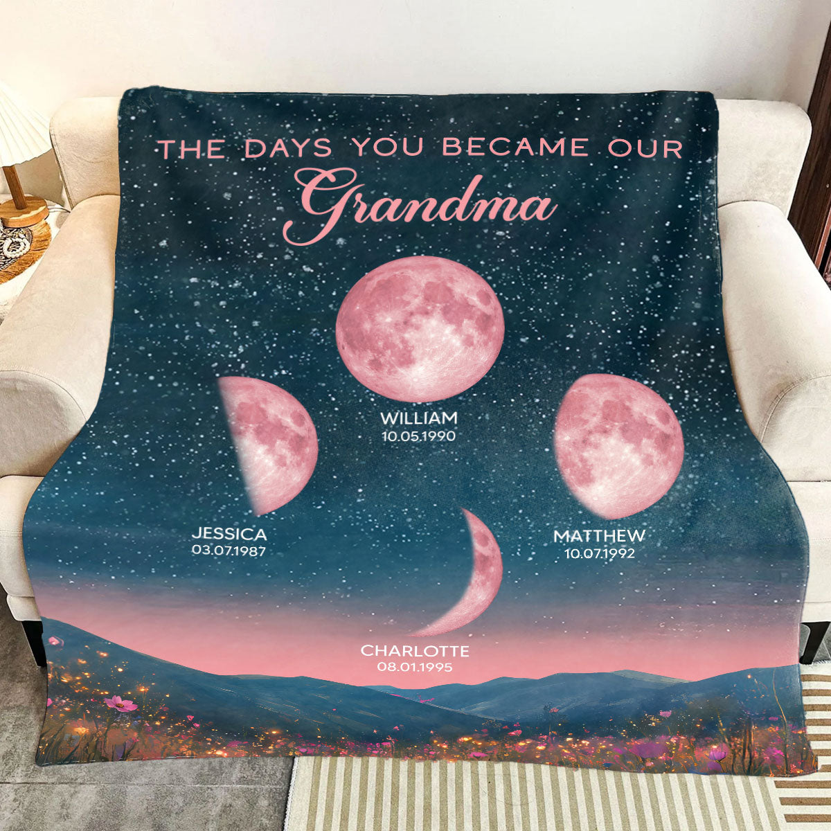 Pink Moon Phase Custom Birth Moon Beautiful Hill At Night Personalized Fleece Blanket, Gift