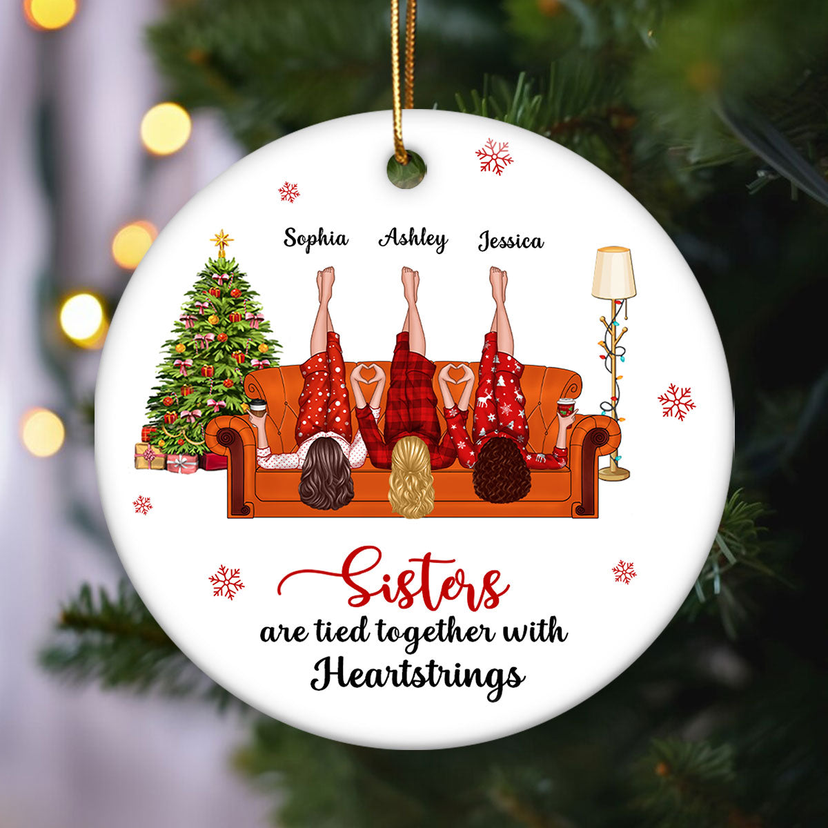 Sisters Are Tied Together With Heartstrings Personalized Ceramic Ornament, Christmas Gift for Sisters, Siblings