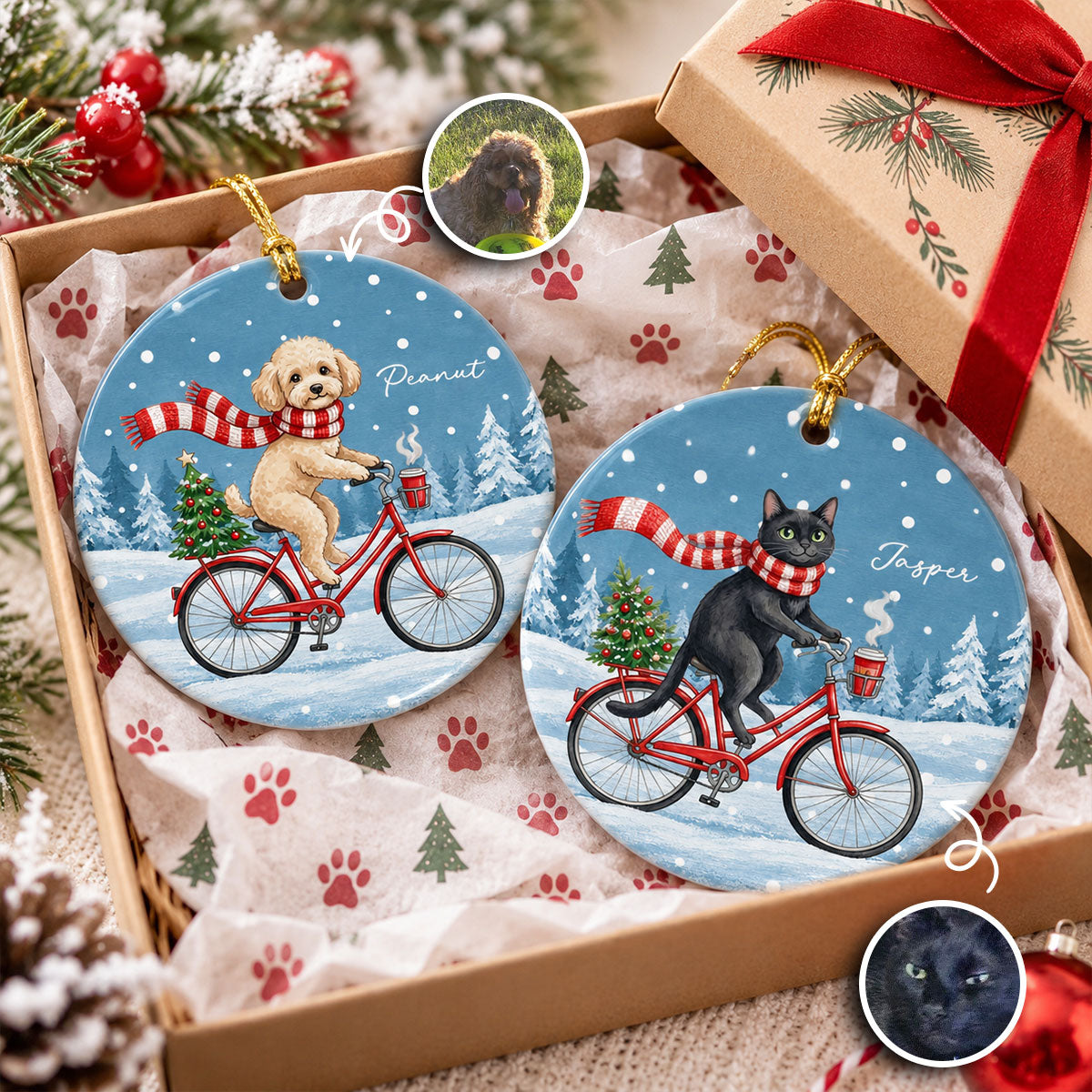 Cute Dog Cat Riding Bike In Snow Winter From Photo Uploaded - Personalized Ceramic Ornament - Christmas Gift For Dog Lovers, Pet Lovers