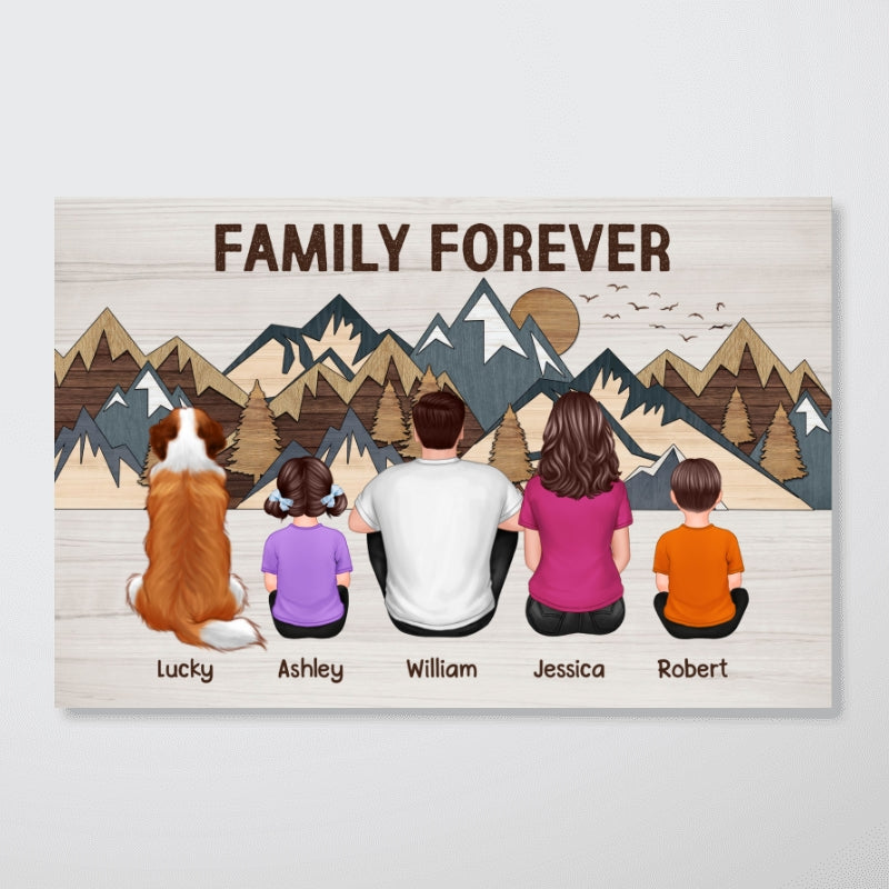 Family Couple Kids Dog Cat Sitting Mountain Panel Effect Personalized Horizontal Poster