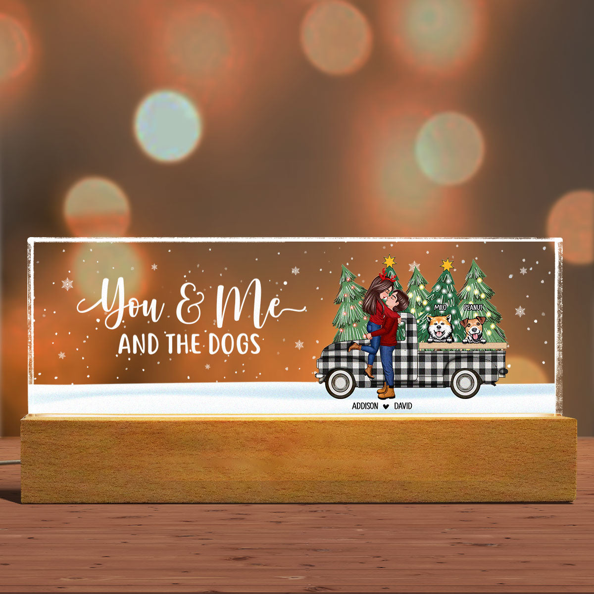 You Me And The Dogs Christmas Truck Personalized Acrylic Block LED Night Light, Christmas Gift for Couples