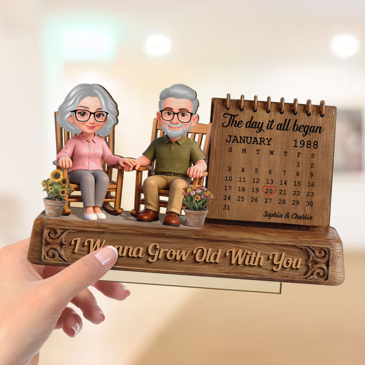 3D Effect Old Couple Sitting On Rocking Chair Anniversary Date Calendar - Personalized 2-Layered Wooden Plaque