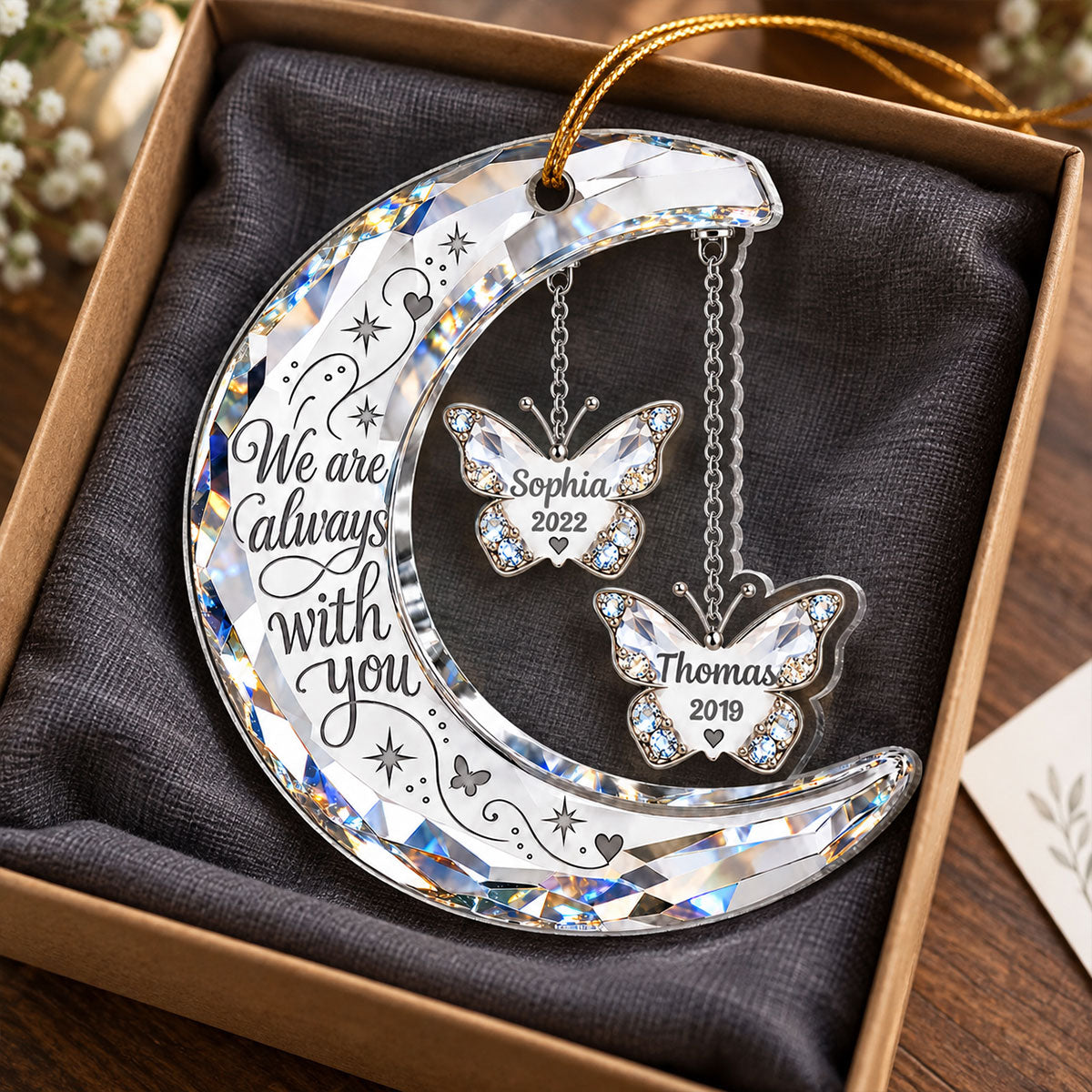 Always With You Memorial Crystal Moon & Butterfly Ornament 2D Flat - Personalized Acrylic Ornament - Sympathy Gift