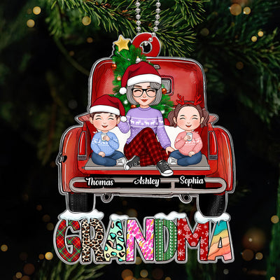 Grandma Grandkids Sitting On Truck Christmas Pattern Personalized Acrylic Ornament