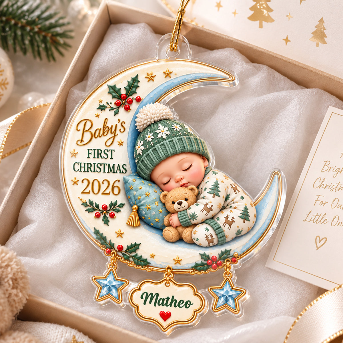 Baby's First Christmas Custom Name Moon & Star - Personalized Acrylic Ornament - Newborn Christmas Gift for New Parents
