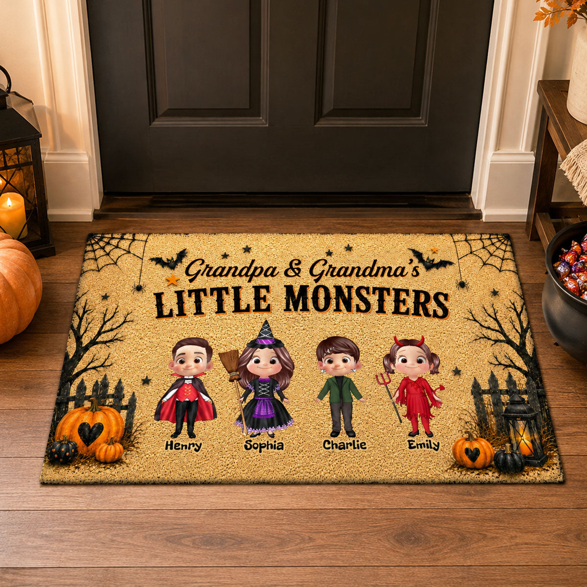 Halloween Grandpa Grandma Little Monsters Grandkids - Personalized Doormat - Halloween Decor For Grandparents