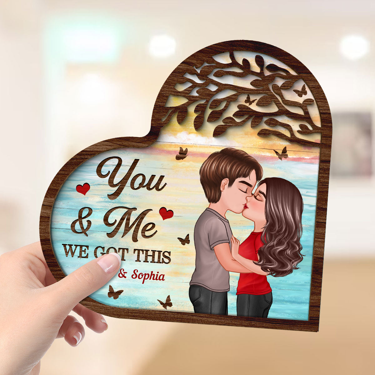 Couple Kissing Under Tree Heart Shaped  Gift For Him For Her Personalized 2-Layer Wooden Plaque