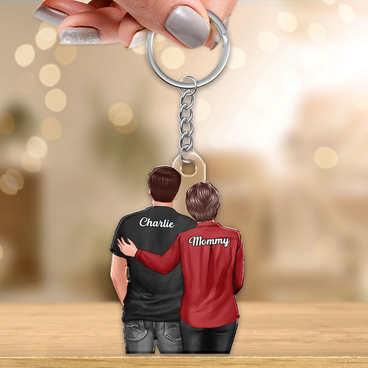 Back View Mom Dad And Son Hugging Personalized Acrylic Keychain