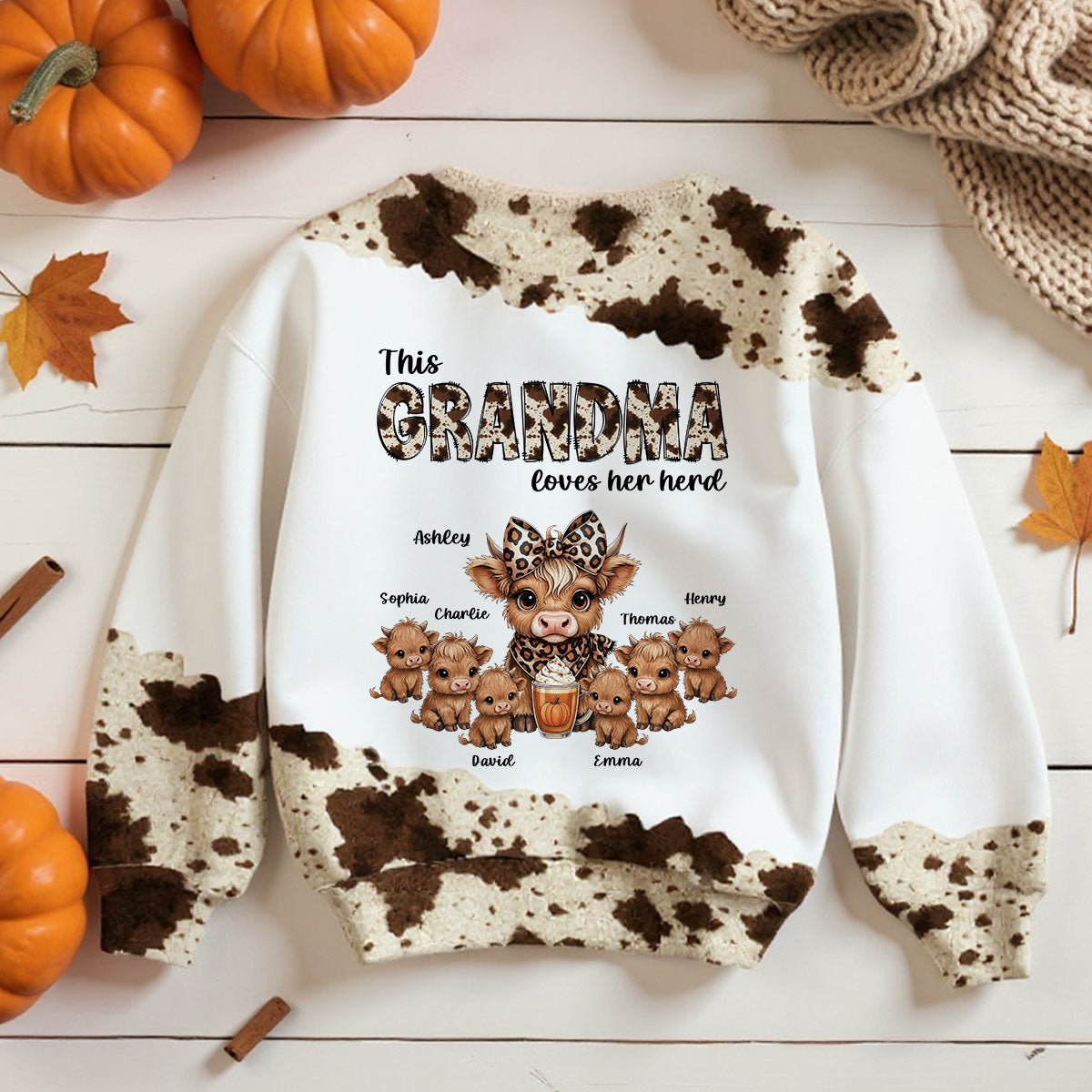 This Grandma Loves Her Herd Personalized 3D Printed Sweatshirt, Cozy Fall Gift for Mom, Grandma