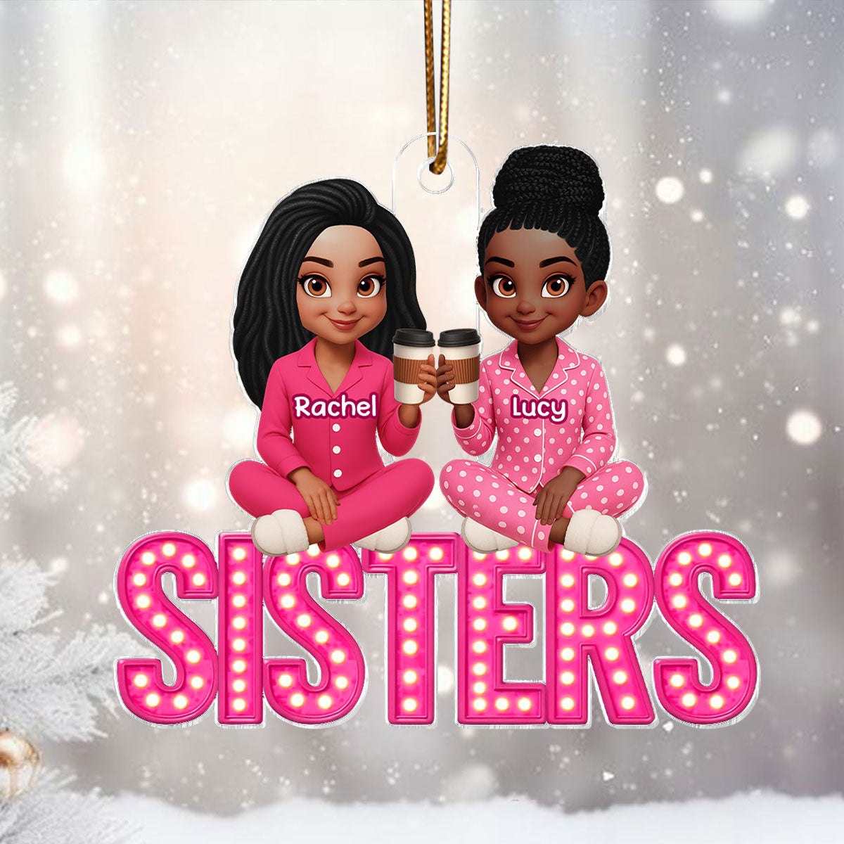 Pink Marquee Besties Sisters Sitting On Text Personalized Acrylic Ornament