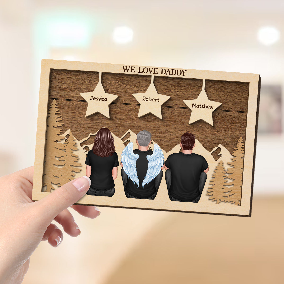 Dad Man Kids Dogs Cats Sitting Back View Forest Stars Personalized 2-Layer Wooden Plaque