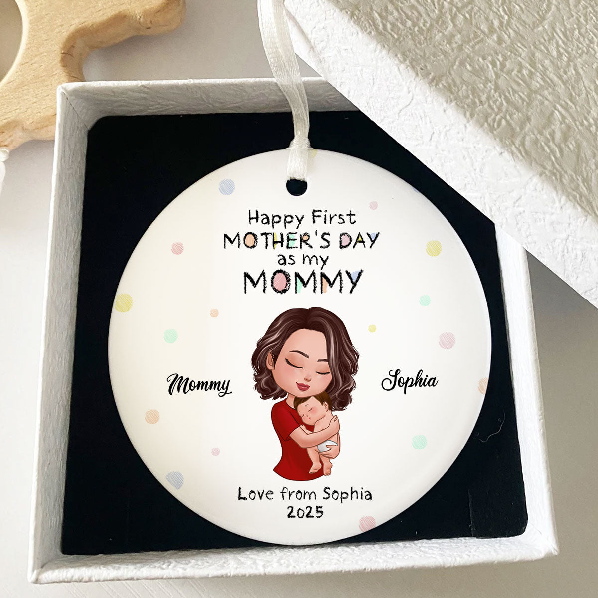 Happy First Mother's Day Mom Grandma Hugging Kid Crayon Patterned Personalized Circle Ceramic Ornament