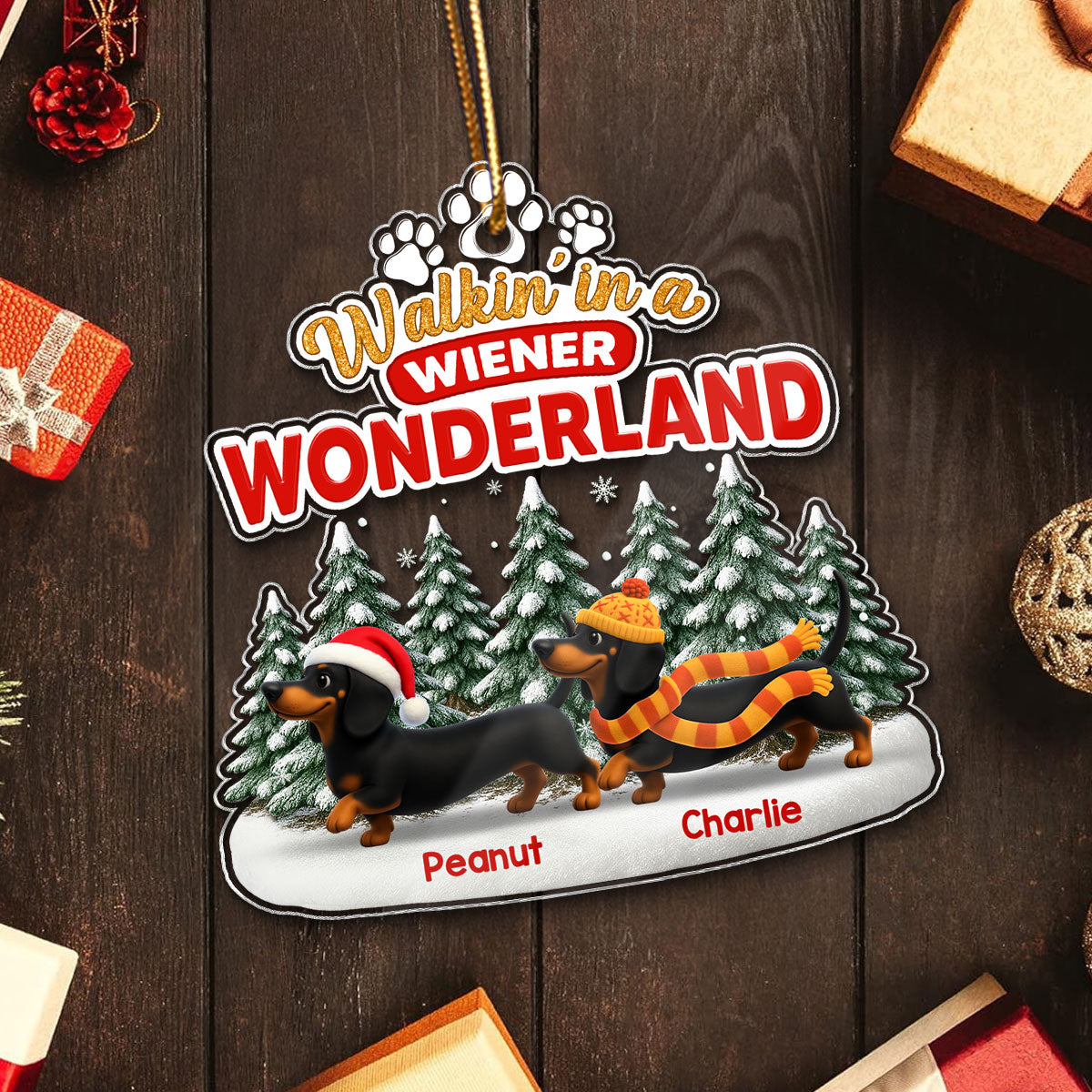 3D Effect Dachshunds Walking In A Wiener Wonderland - Personalized Acrylic ornament