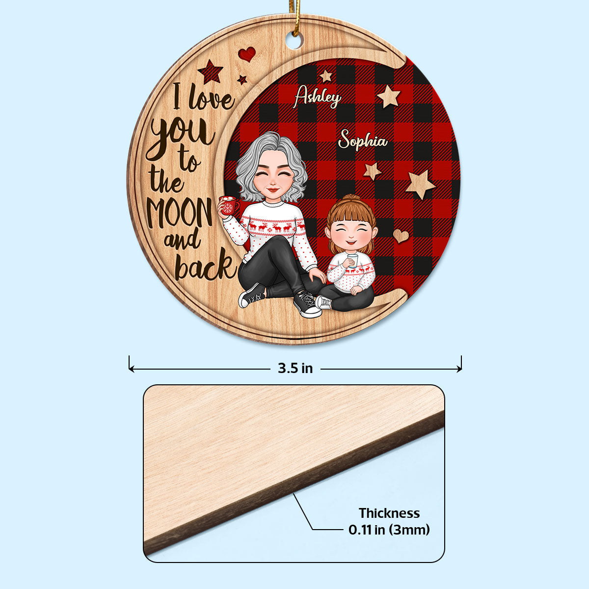 Checkered Pattern Cute Grandma Sitting With Grandkids On Moon Christmas Personalized Wooden Ornament